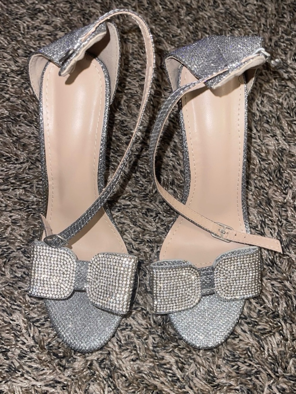 Silver Glitter Bow Ankle-Strap Women’s Heels